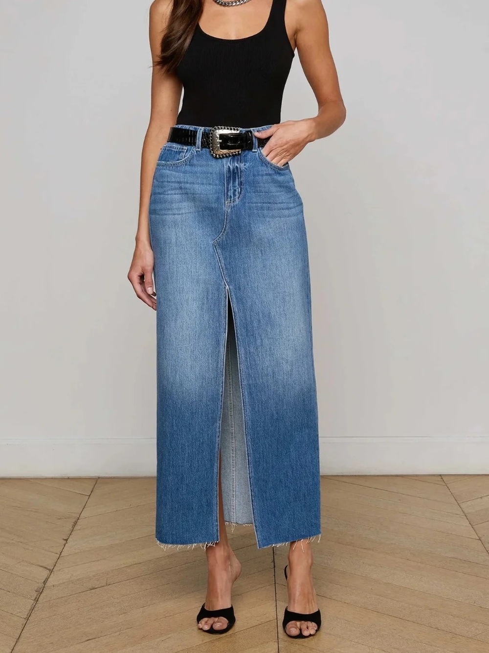 L’Agence Rysa Denim Slit Maxi Skirt Woodrow Raw Hem
